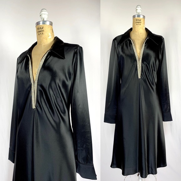 Vintage Dresses & Skirts - 90s Shiny Satin Rhinestone Plunge Neck Shift Dress